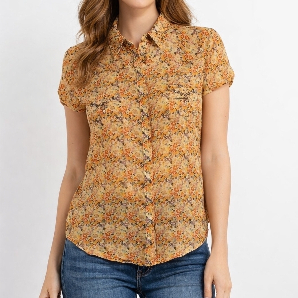 GIRL KRAZY Yellow Floral Lightweight Snap Button Short Sleeve Western Shirt
